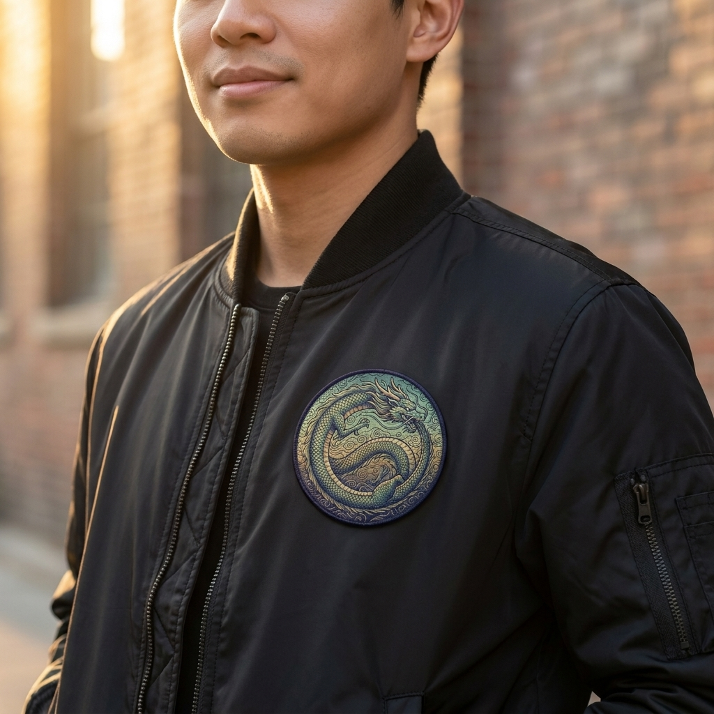 Mann mit gewebtem Drachen-Patch auf der Brust