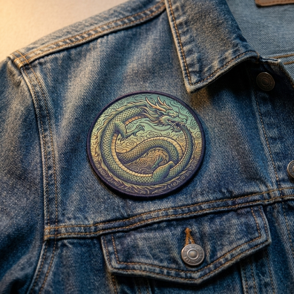 Gewebter Drachen-Patch auf Jeansjacke
