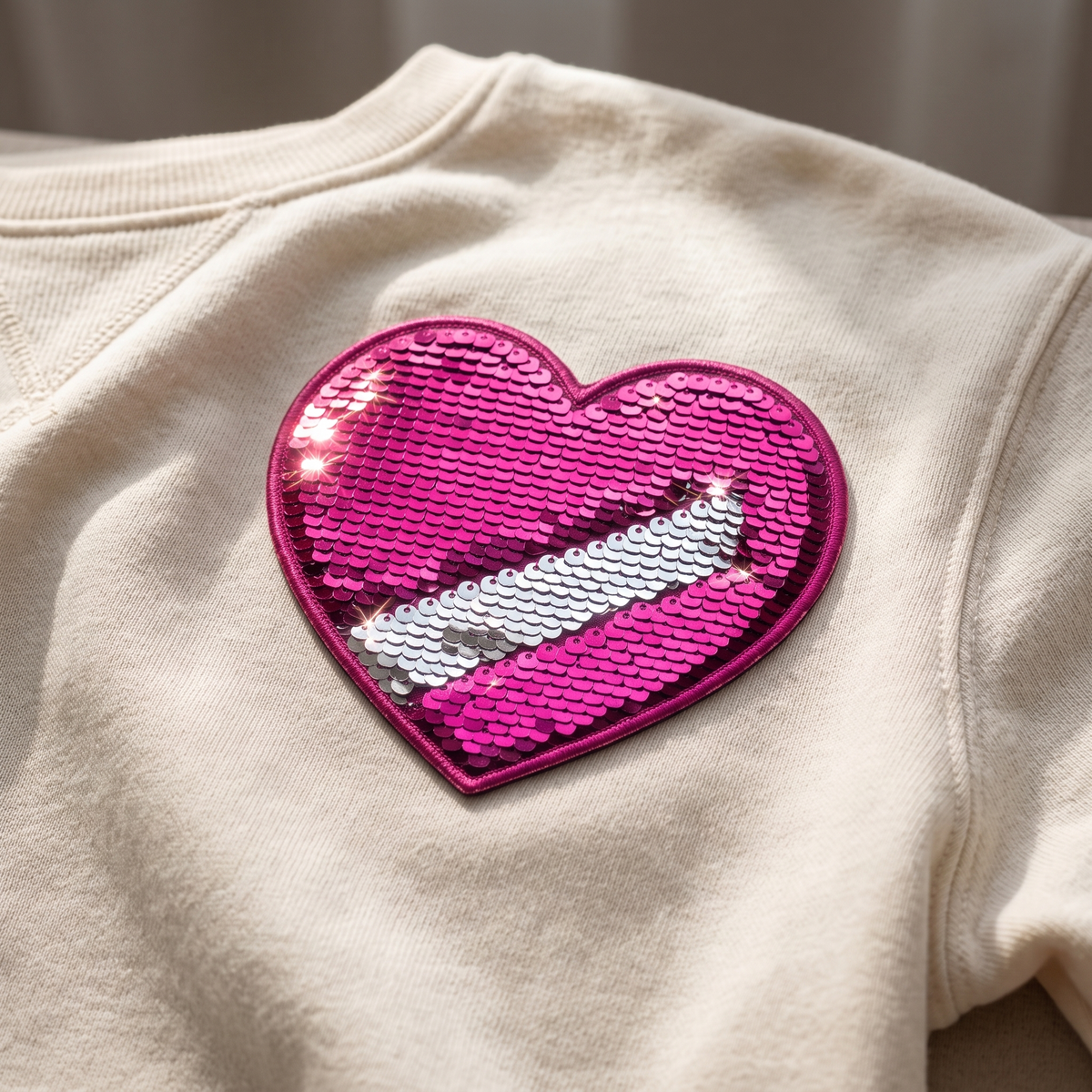 Pailletten-Herz auf cremefarbenem Sweatshirt