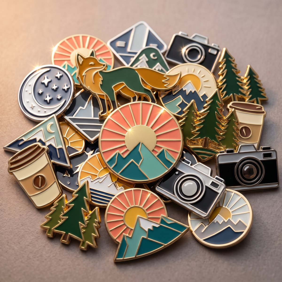 Verschiedene Emaille-Pins mit Fuchs, Kamera, Baum und Bergen